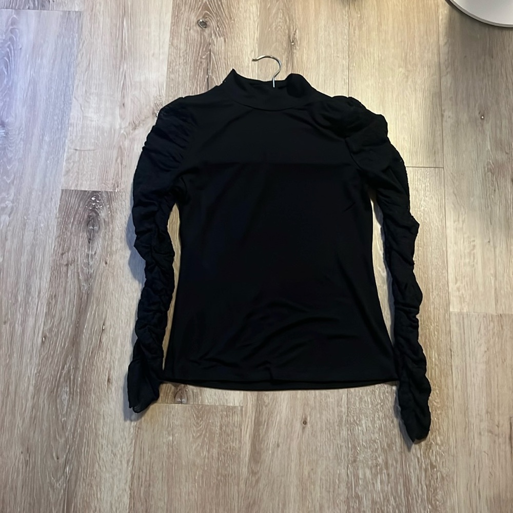 Maeve by Anthropologie Black Turtleneck Mesh Sleeve Top XS NWT
